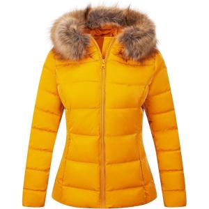 Bellivera Womens Lightweight Puffer Jacket, Winter Coats for Women Warm Quilted Bubble Padded Hood Coat with Faux Fur Collar(Yellow)