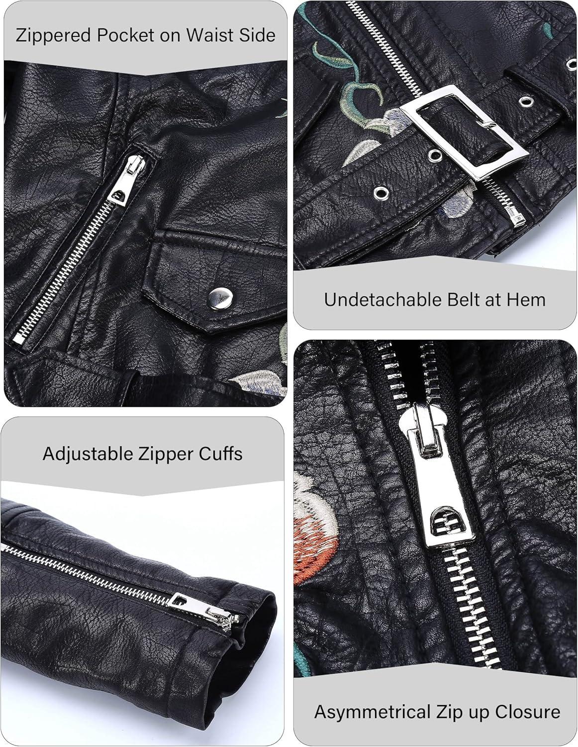 imageBellivera Womens Faux Leather Embroidered Casual Lapel Jacket Floral Lightweight Moto Biker Coat for Spring FallBlack Embroidered Jacket