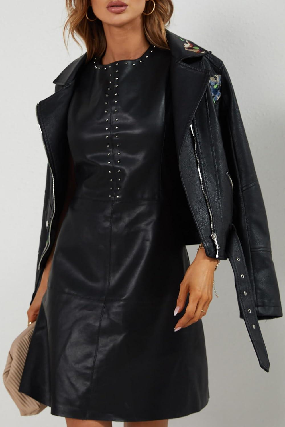 imageBellivera Womens Faux Leather Embroidered Casual Lapel Jacket Floral Lightweight Moto Biker Coat for Spring FallBlack Embroidered Jacket