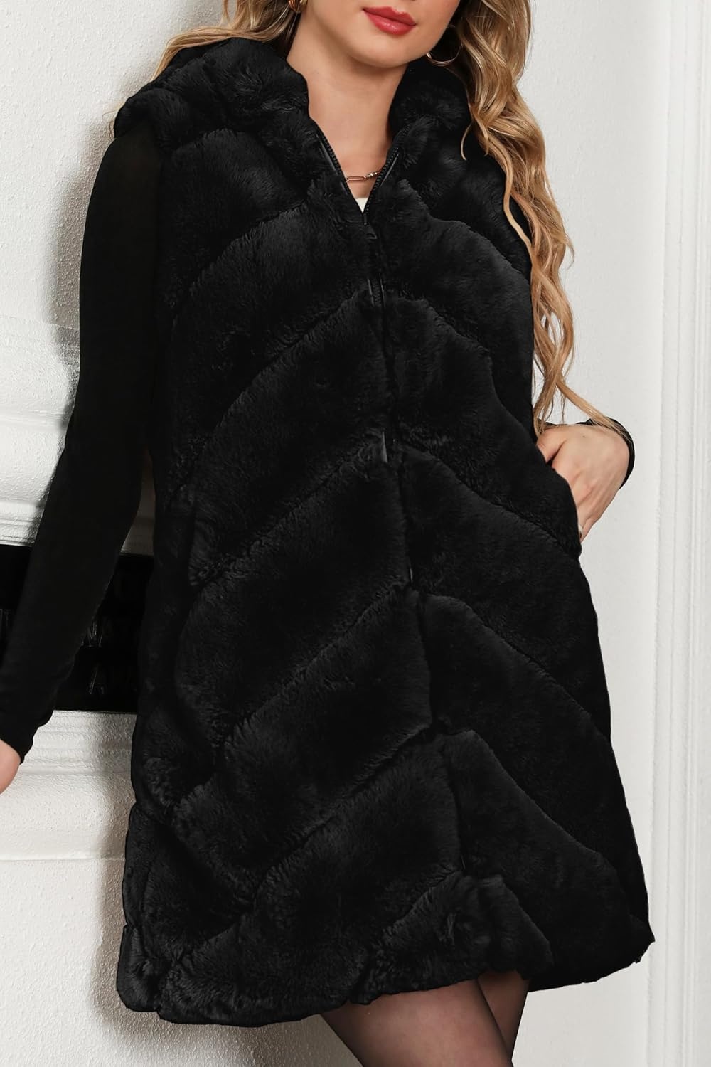 image:imageBellivera Womens Faux Fur Vest Sherpa Fleece Gilet Sleeveless Casual Hooded Jacket Shearling Warm Fluffy CoatBlack