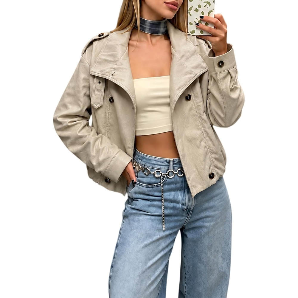 image:imageBellivera Womens Oversized Faux Leather Cropped Double Breasted JacketBeige Stand Collar