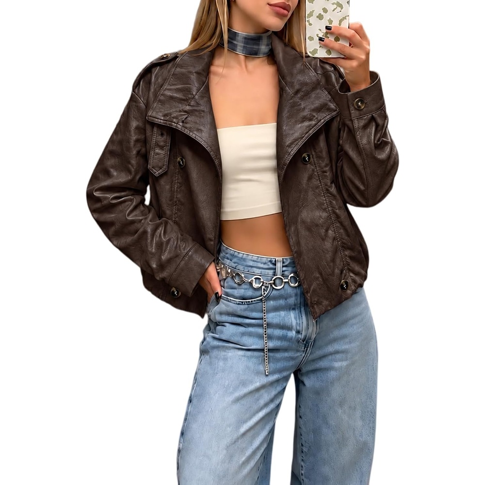 image:imageBellivera Womens Oversized Faux Leather Cropped Double Breasted JacketBrown Stand Collar