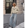 Bellivera Women’s Oversized Faux Leather Cropped Double Breasted Jacket(Beige Stand Collar)