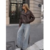 Bellivera Women’s Oversized Faux Leather Cropped Double Breasted Jacket(Brown Stand Collar)