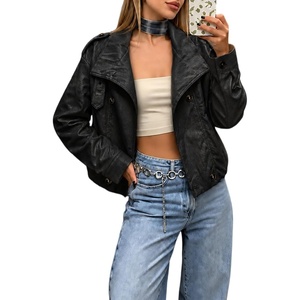 Bellivera Women’s Oversized Faux Leather Cropped Double Breasted Jacket(Black Stand Collar)